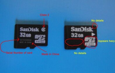 $Sandisk 32GB microSD - Genuine (in red) versus Fake (in yellow) - front view.jpg